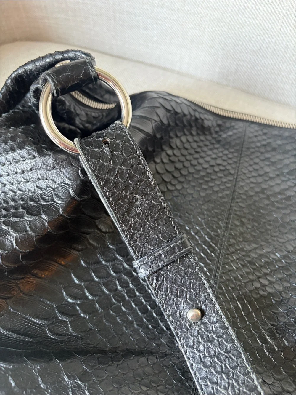 Furla Black Croc Embossed Leather Hobo Shoulder Bag